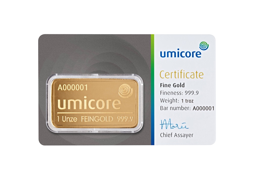 Goldbarren Umicore 1oz Vorderseite Goldbarren Umicore 1oz Vorderseite