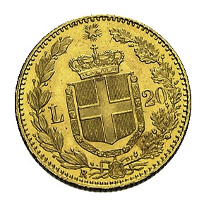 20 Lire Umberto I Goldmünze aus Italien Rückseite