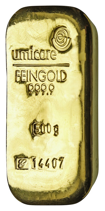 500g Goldbarren Vorderseite Umicore