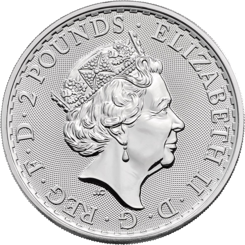 Britannia Silbermünze 1 Unze zeigt Königin Elisabeth II auf der Vorderseite