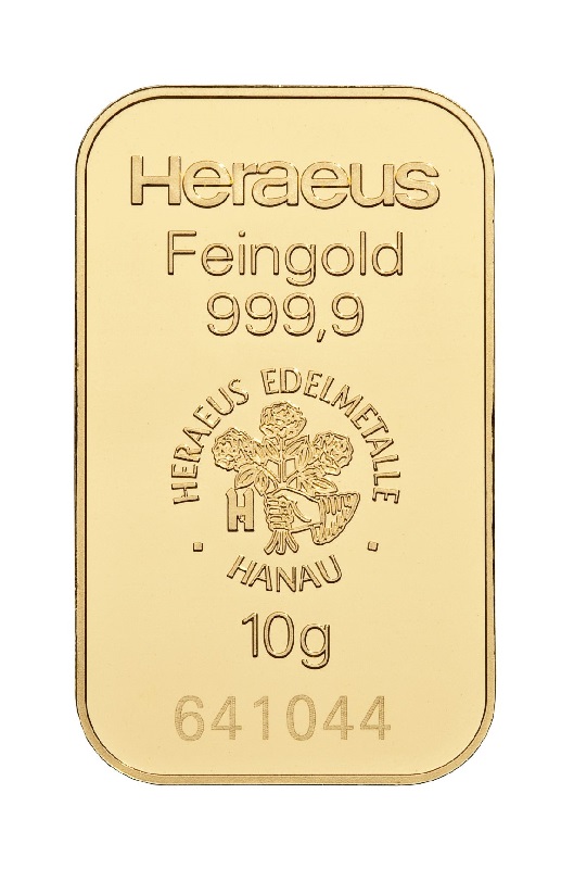 10g Goldbarren geprägt Vorderseite Heraeus