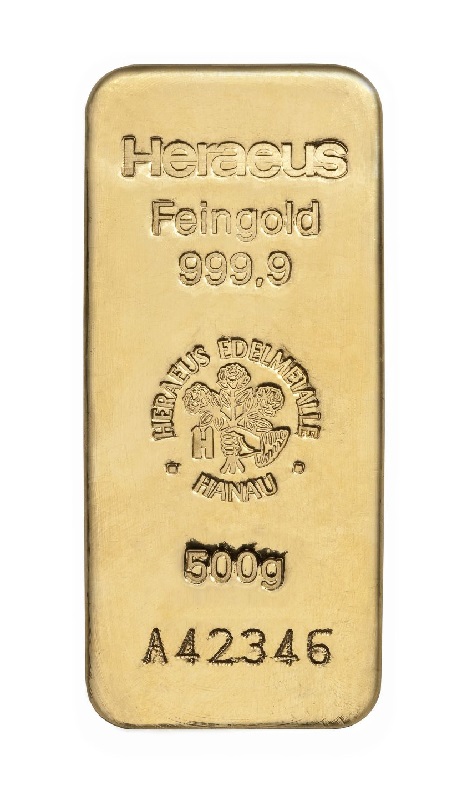 500g Goldbarren Vorderseite Heraeus