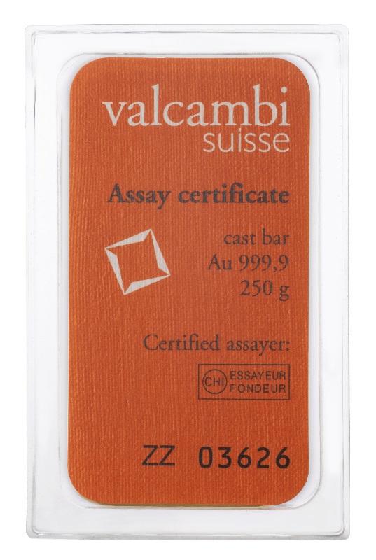 250g Goldbarren gegossen Valcambi Rückseite