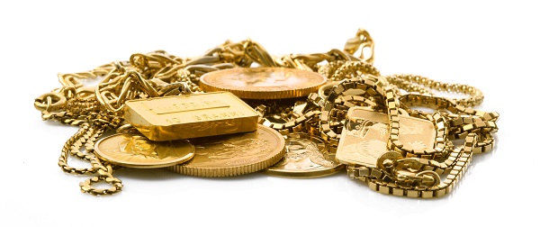goldene Münzen, Barren und Schmuckstücke