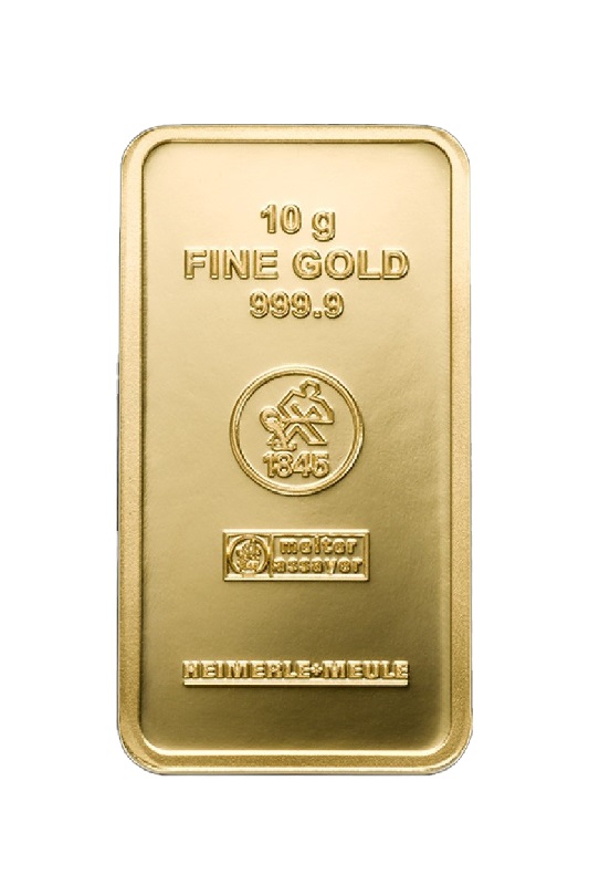 10g Goldbarren geprägt Vorderseite Heimerle und Meule