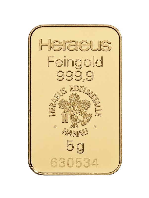 5g Goldbarren Heraeus Vorderseite
