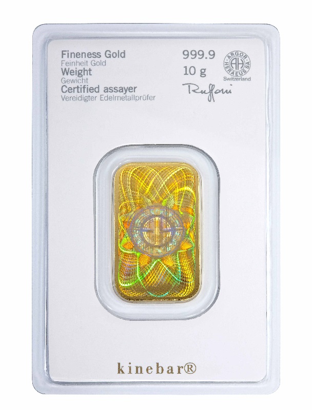 10g Goldbarren geprägt Rückseite Heraeus Kinebar