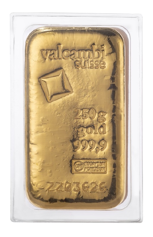 250g Goldbarren gegossen Valcambi Vorderseite