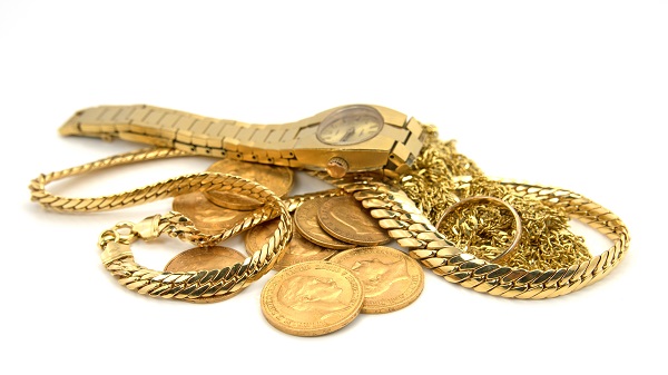 Edelmetalle Gold verschiedene Arten Münzen, Uhr, Kette