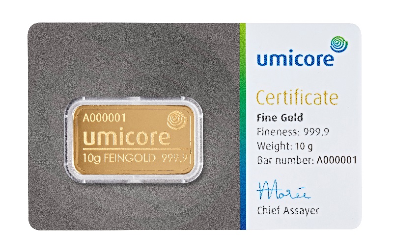 10g Goldbarren geprägt im Blister Vorderseite Umicore