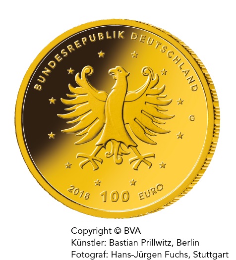 Goldeuro 100 Euro 2018 UNESCO Welterbe - Schlösser Augustusburg und Falkenlust in Brühl Rückseite