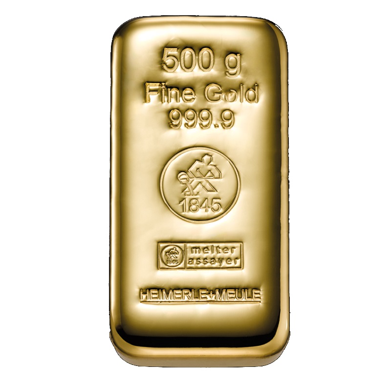 500g Goldbarren gegossen Vorderseite Heimerle und Meule