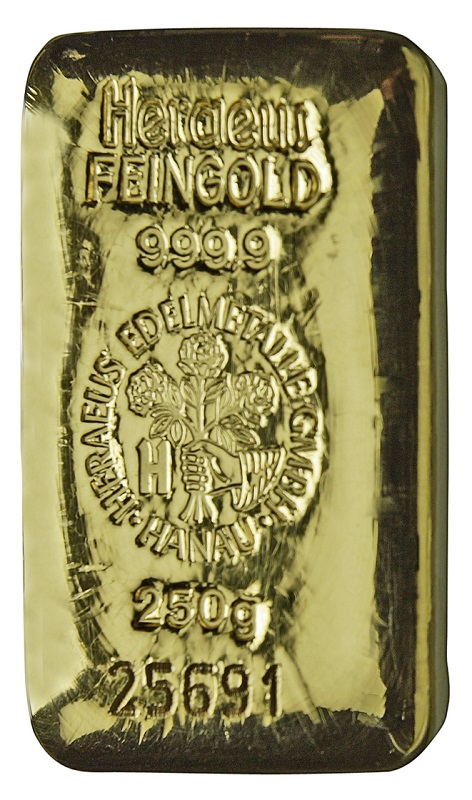 250g Goldbarren gegossen Heraeus Vorderseite