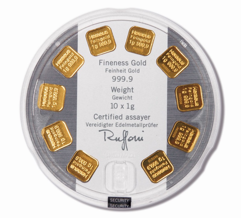 10 x 1g MultiDisc Goldbarren Heareus Rückseite