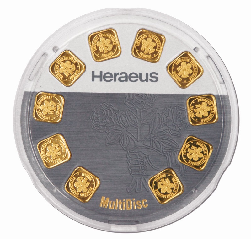 10 x 1g MultiDisc Goldbarren Heareus Vorderseite