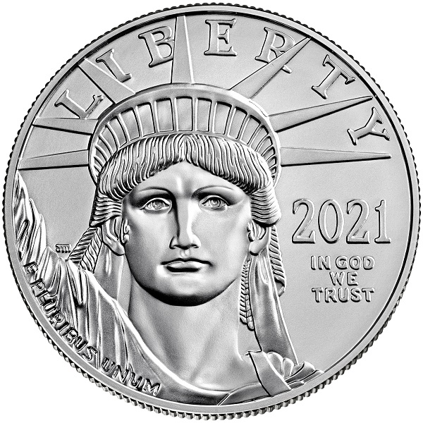 100 Dollar Eagle 1 Unze Platin Vorderseite 2021 Freiheitsstatue Gesicht 