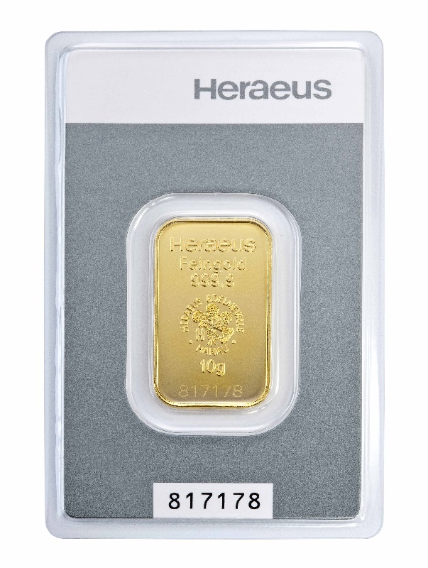 10g Goldbarren geprägt Vorderseite Heraeus Kinebar
