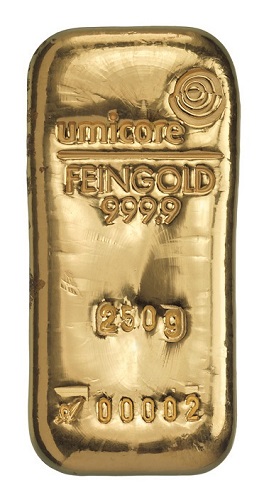 250g Goldbarren gegossen Umicore Vorderseite