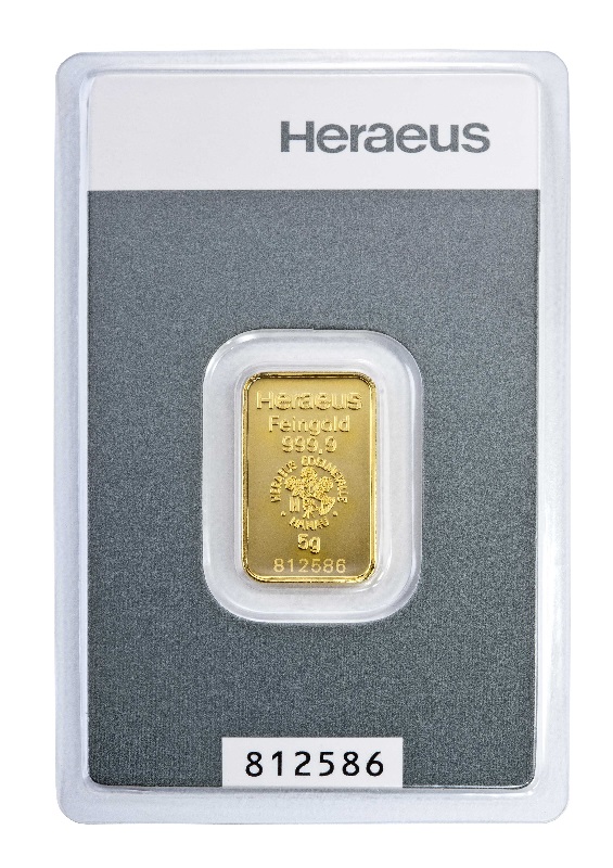 5g Kinebar Goldbarren Heraeus Vorderseite