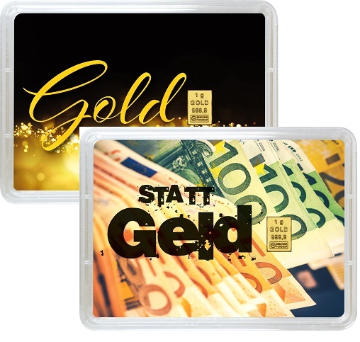 Geschenkbarren Gold statt Geld 1g beidseitig