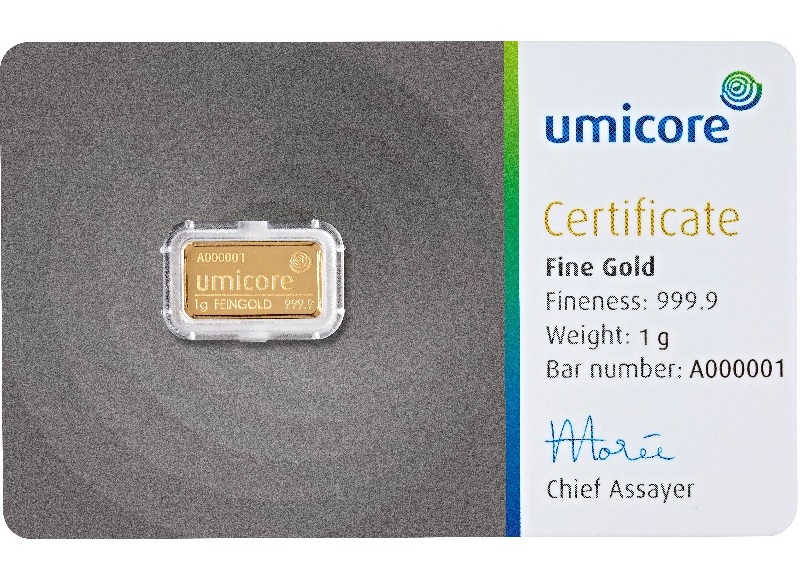 1g Goldbarren Umicore Vorderseite
