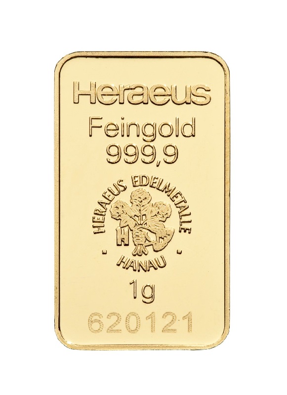 1g Goldbarren Heraeus Vorderseite